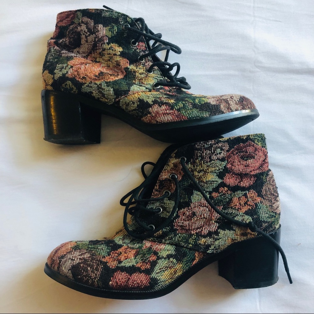 Vintage tapestry floral block heel lace up booties